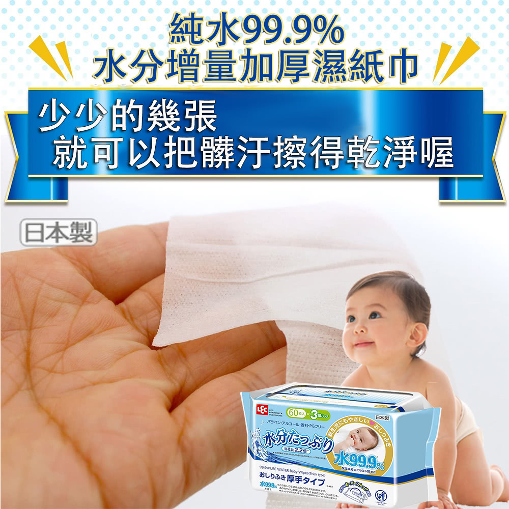 日本 LEC - 純水 99.9% 濕紙巾-加濕加厚-家用包-60抽x3包入