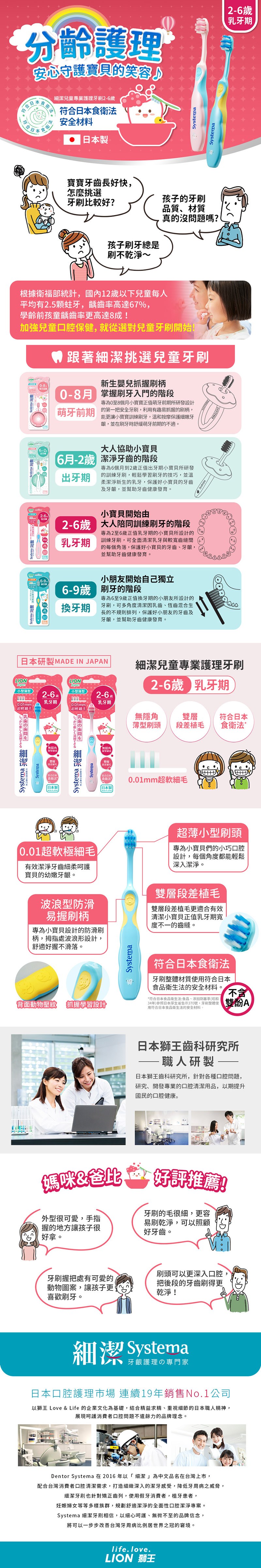 日本 LION 獅王 - 細潔兒童專業護理牙刷-6個月-2歲-顏色隨機出貨-6支入