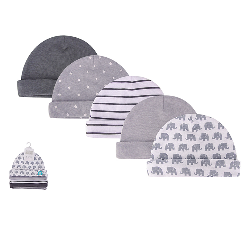 美國 Luvable Friends - 甜蜜寶貝100%純棉新生兒棉帽 保暖帽5件組-小灰象