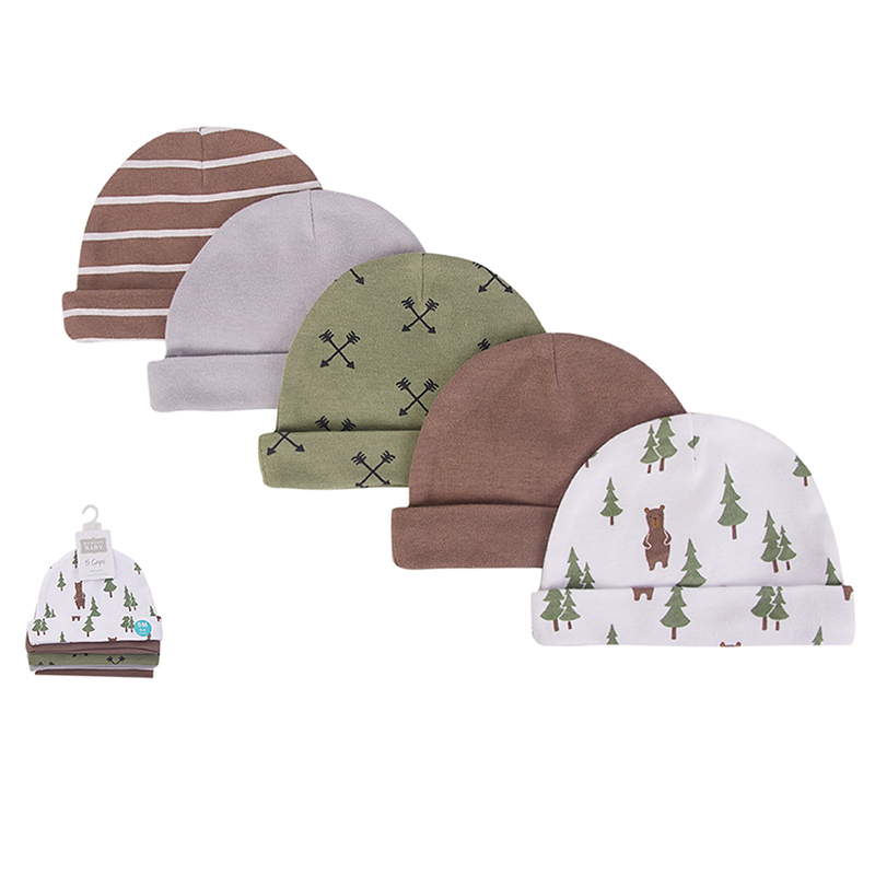 美國 Luvable Friends - 甜蜜寶貝100%純棉新生兒棉帽 保暖帽5件組-棕熊寶寶