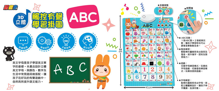 幼福文化 - 忍者兔3D立體觸控有聲掛圖【4組合購】-ㄅㄆㄇ＋ABC＋動物世界＋交通工具(贈Baby IQ圖卡恐龍家族一入)