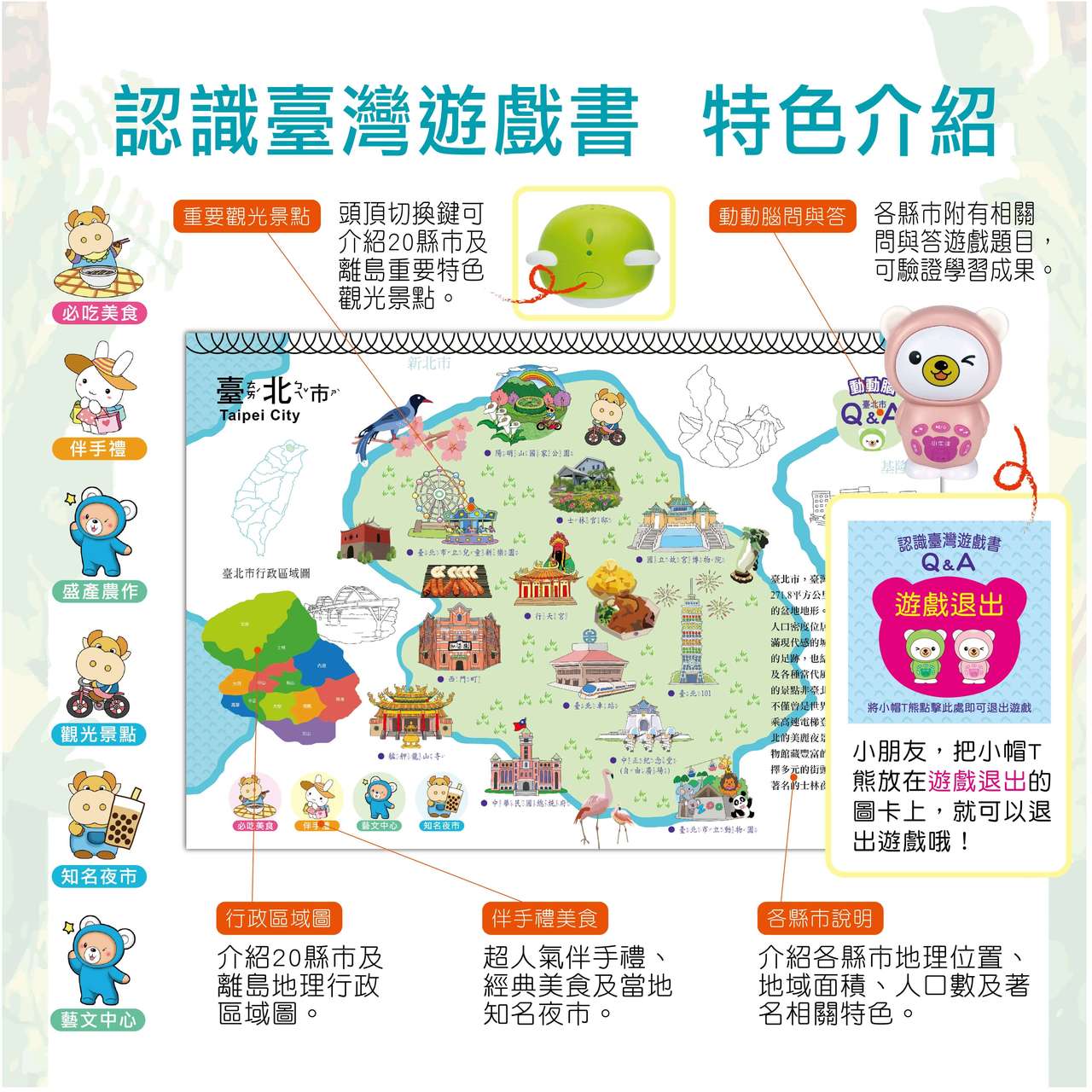 獨家創新!! 跟著小帽T熊認識臺灣~我的第一套旅遊台灣遊戲書-小帽T熊點讀娃娃*1支、臺灣遊戲大拼圖*8片、認識臺灣遊戲書*1本、旅遊紀錄*1本、小熊錄音跟讀貼紙*30組、遊戲學習圖卡*16張、保固卡、Micro USB充電線-青草綠