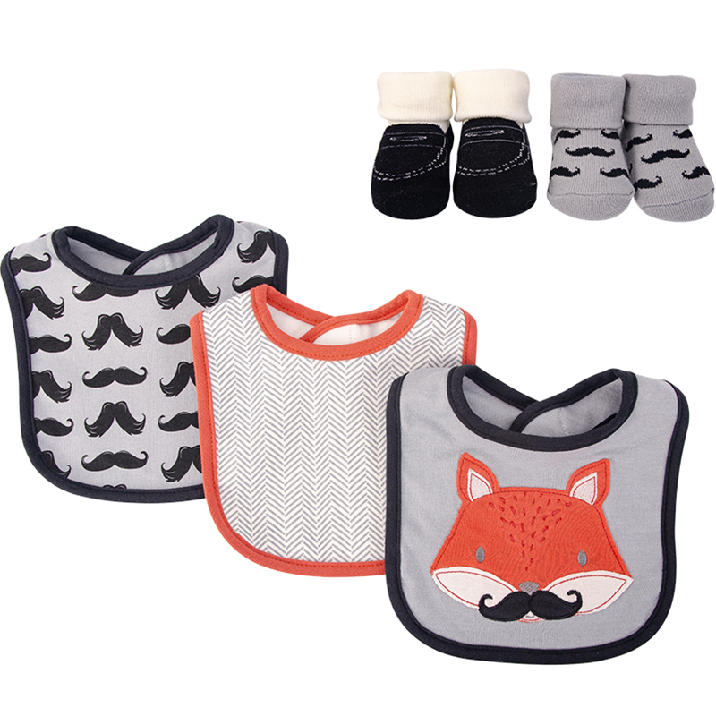 美國 Luvable Friends - 甜蜜寶貝嬰幼兒吸水口水巾圍兜與短襪組-鬍子狐狸