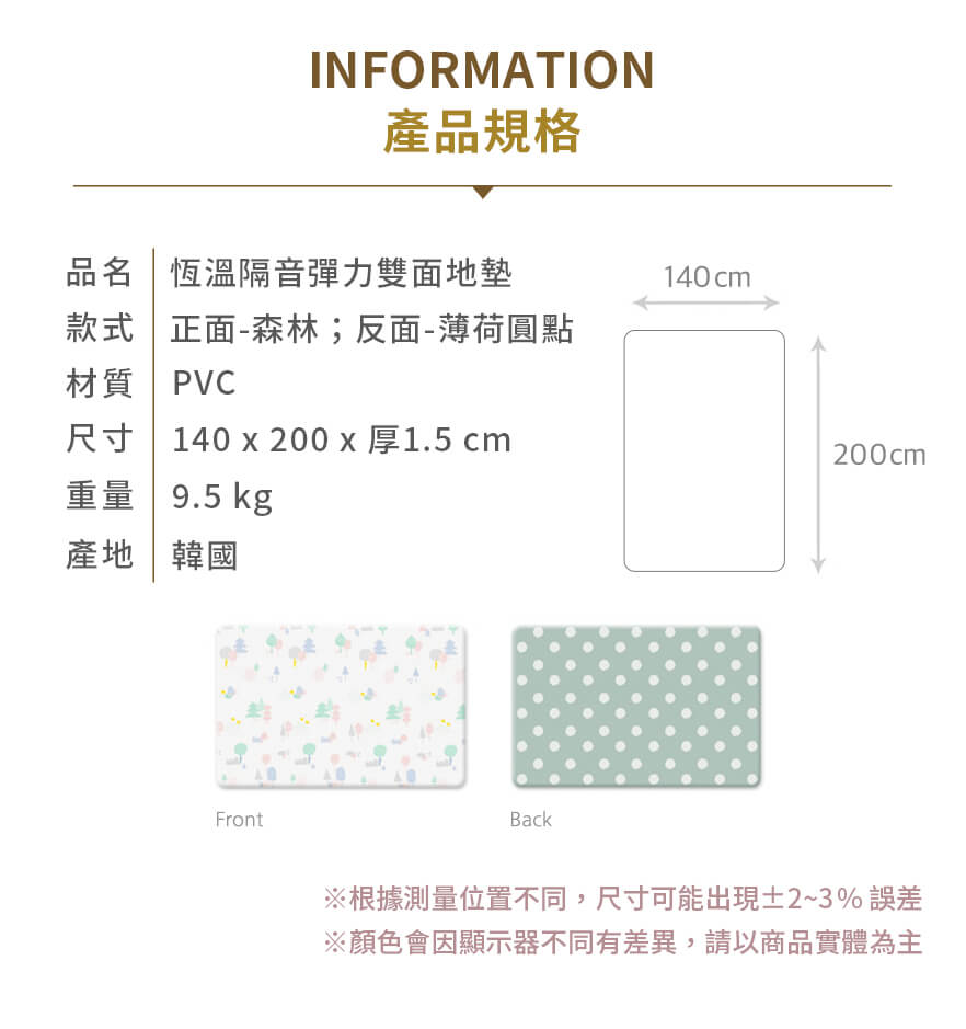 韓國 GGUMBI/DreamB - GGUMBI/LICOCO 恆溫隔音彈力雙面地墊-森林/薄荷圓點(200x140cm)