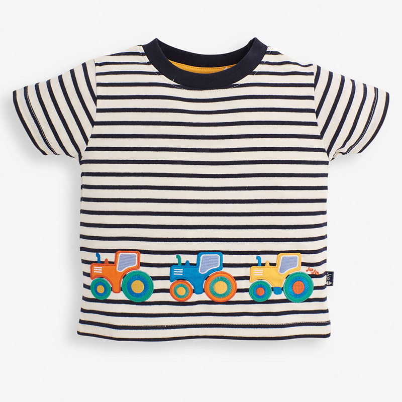 英國 JoJo Maman BeBe - 超優質嬰幼兒/兒童100％純棉短袖上衣/T-shirt/動物T-條紋拖拉機