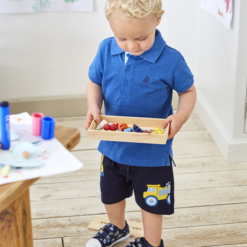 英國 JoJo Maman BeBe - 超優質嬰幼兒/兒童100% 純棉綁繩短褲-工程車