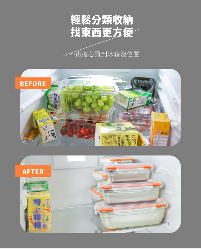 KOM - 304不鏽鋼日式萬用保鮮盒組-長方三件組-蜜桃橘-(350ml+850ml+1800ml)各*1