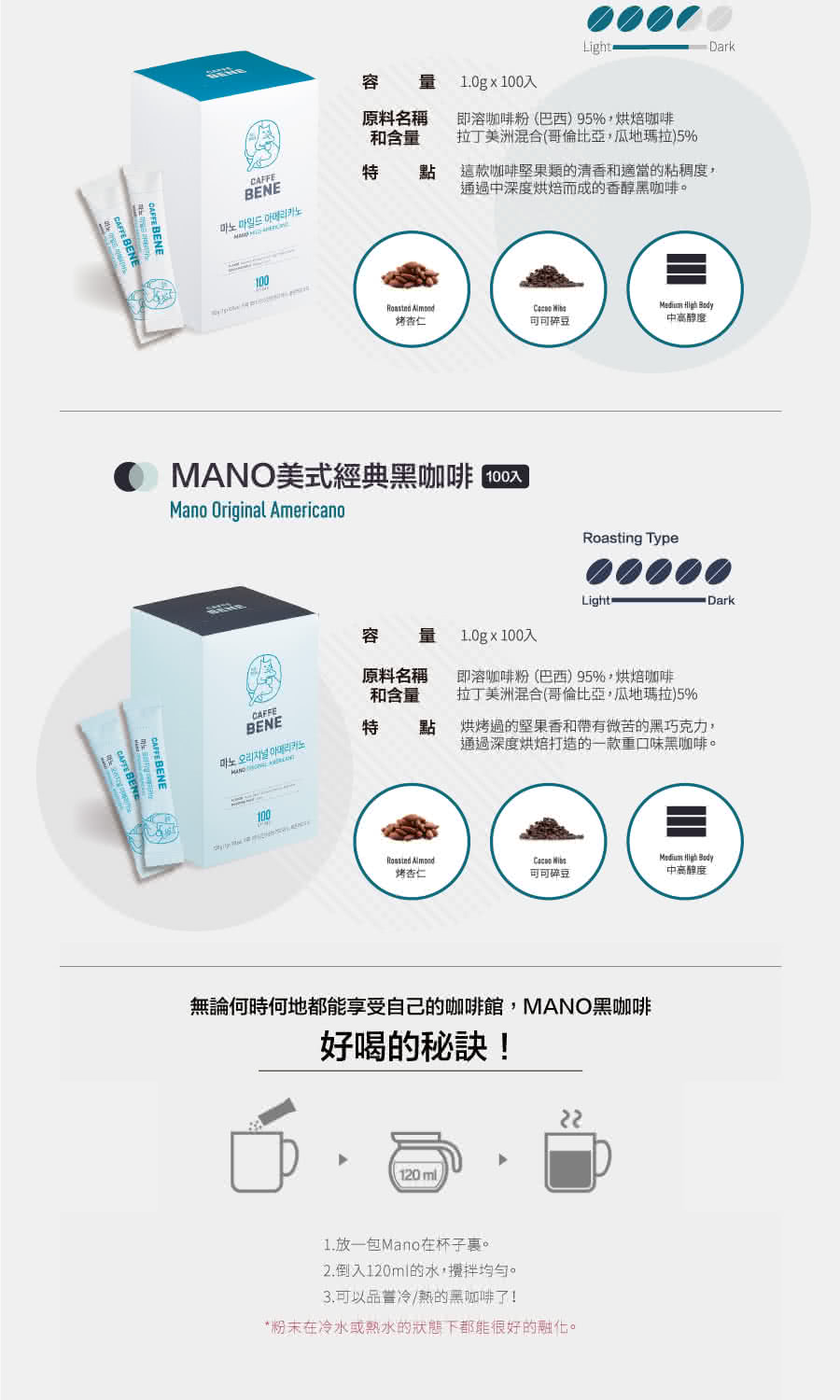韓國Caffebene咖啡伴 - 【重量組】MANO美式香醇中深培黑咖啡(100入/盒)+蜂蜜柚子茶(1kg/罐)