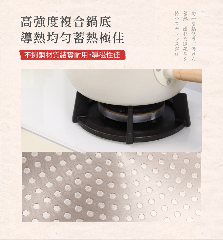 LMG - 日式錘紋不沾雪平鍋-象牙白+木匙超值組-22cm(含蓋)