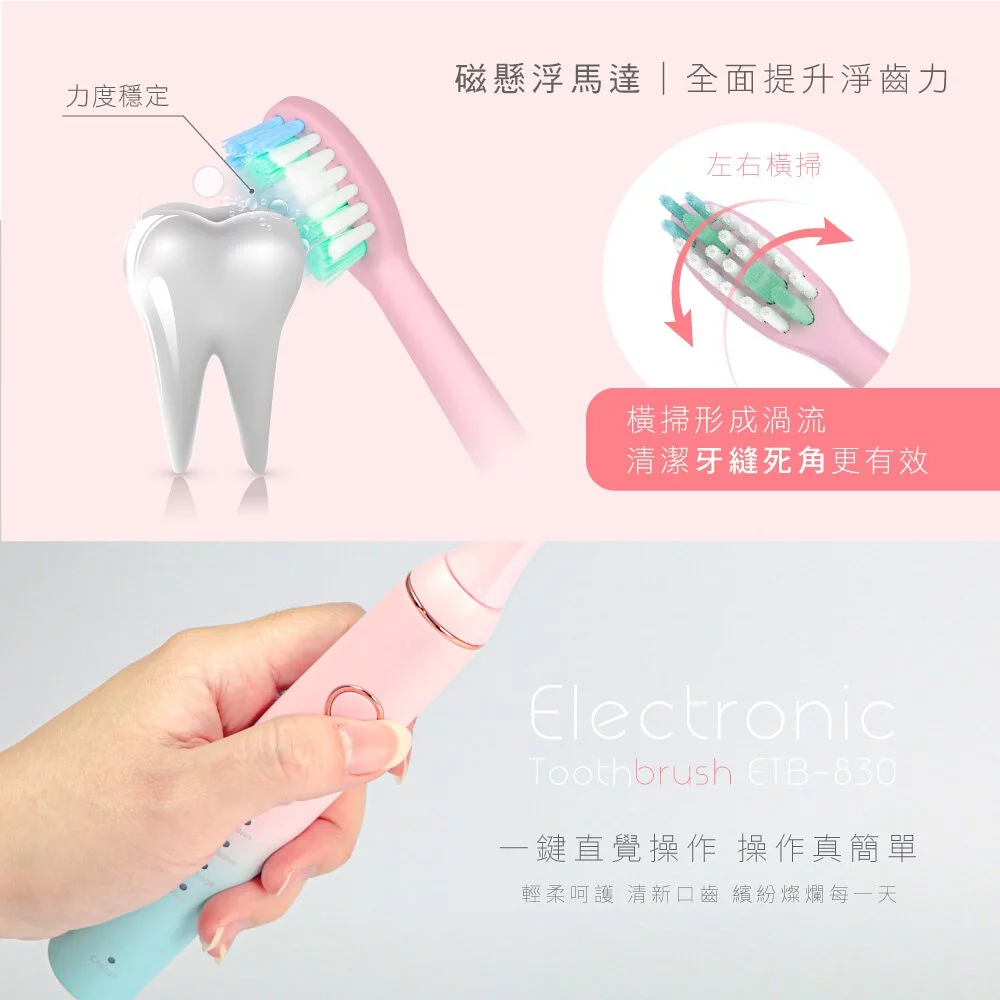 KINYO - 充電式音波電動牙刷-夢幻漸層櫻花粉(ETB-830 (Φ26xH232mm(含刷頭) Φ53xH45mm(充電底座))