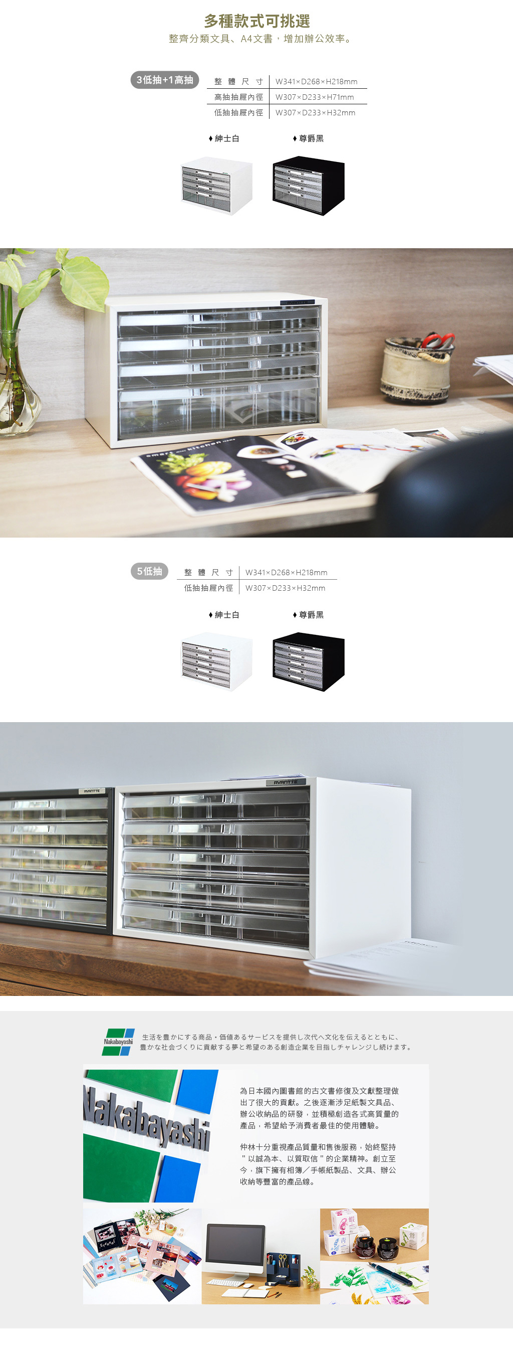 日本仲林 - 日本製鋼製橫式桌上型A4文件櫃/資料櫃-3低抽+1高抽 (AL-W4/公文櫃)-紳士白