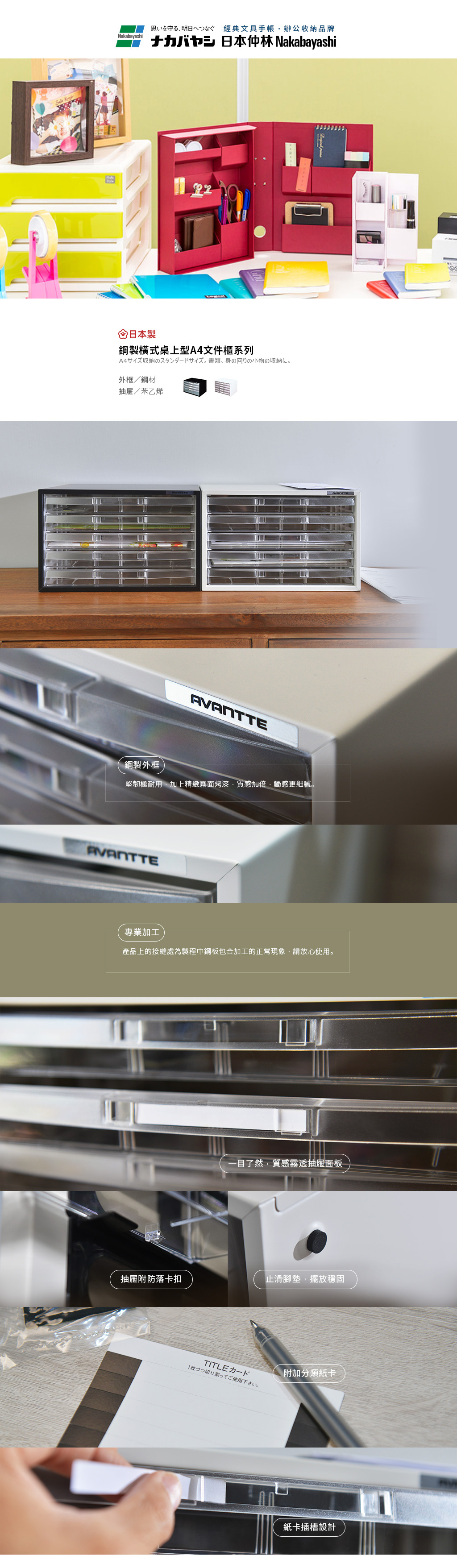 日本仲林 - 日本製鋼製橫式桌上型A4文件櫃/資料櫃-3低抽+1高抽 (AL-W4/公文櫃)-紳士白