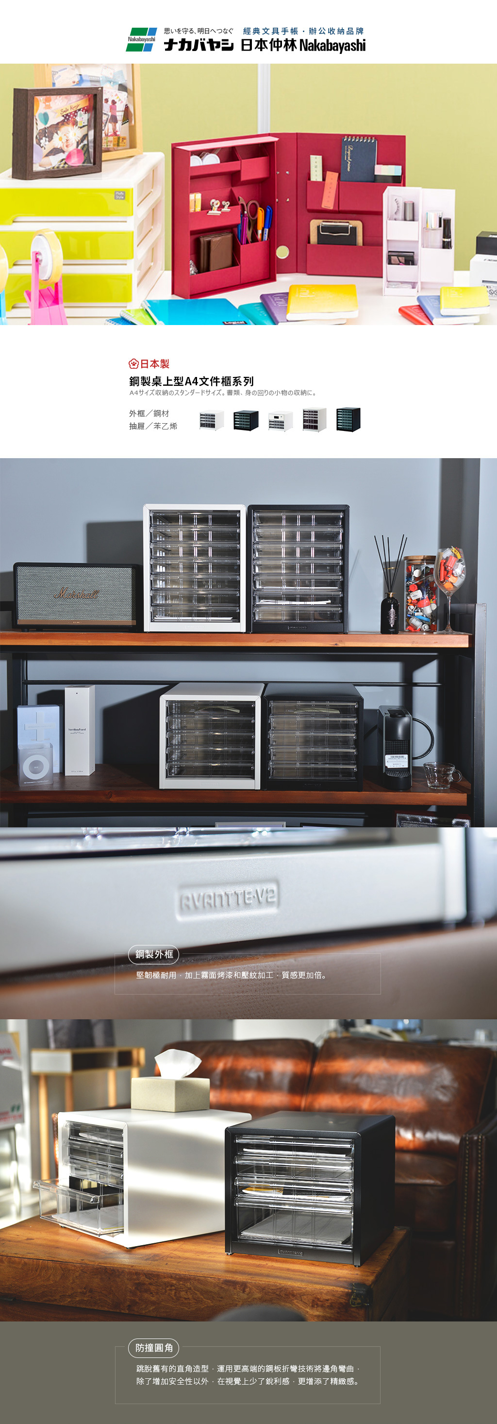 日本仲林 - 日本製鋼製桌上型A4文件櫃/資料櫃-5低抽 (AL-55/公文櫃)-紳士白