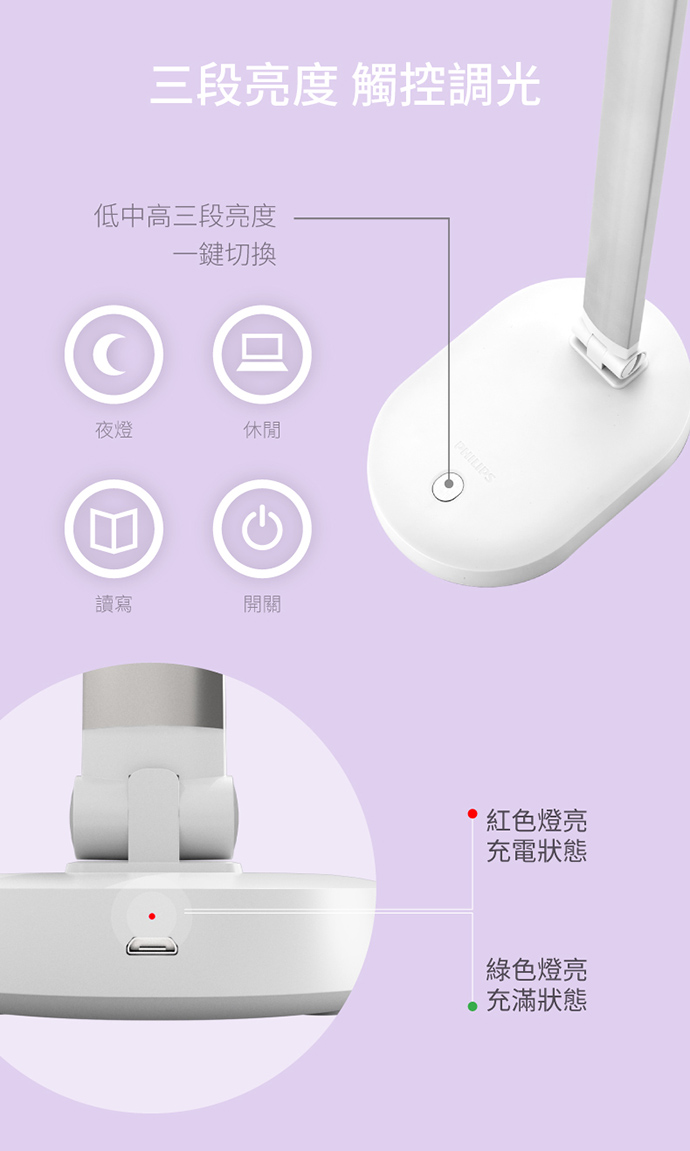 PHILIPS 飛利浦照明 - 酷玉 LED 可攜式充電檯燈 66145-PD028-雪晶白