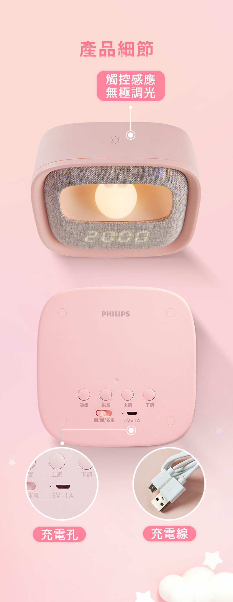 PHILIPS 飛利浦照明 - 害羞兔 LED 多功能鬧鐘 66243-PO005-粉