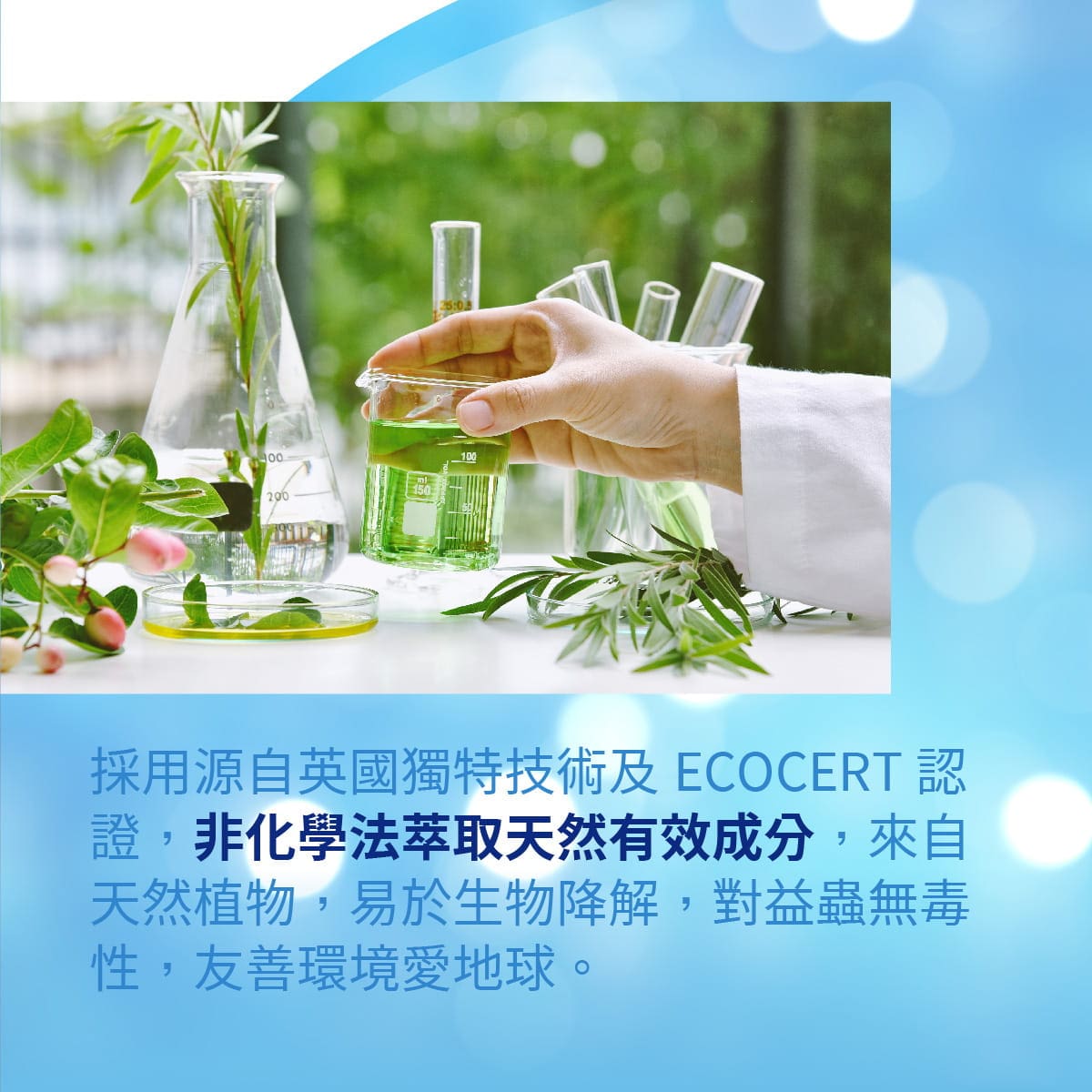 非化學法萃取天然有效成分，來自天然植物，易於生物降解，對益蟲無毒性，友善環境愛地球