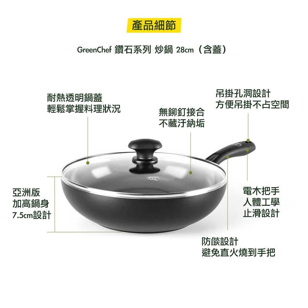 比利時 GreenPan - GreenChef 鑽石系列不沾鍋炒鍋-加蓋-28cm