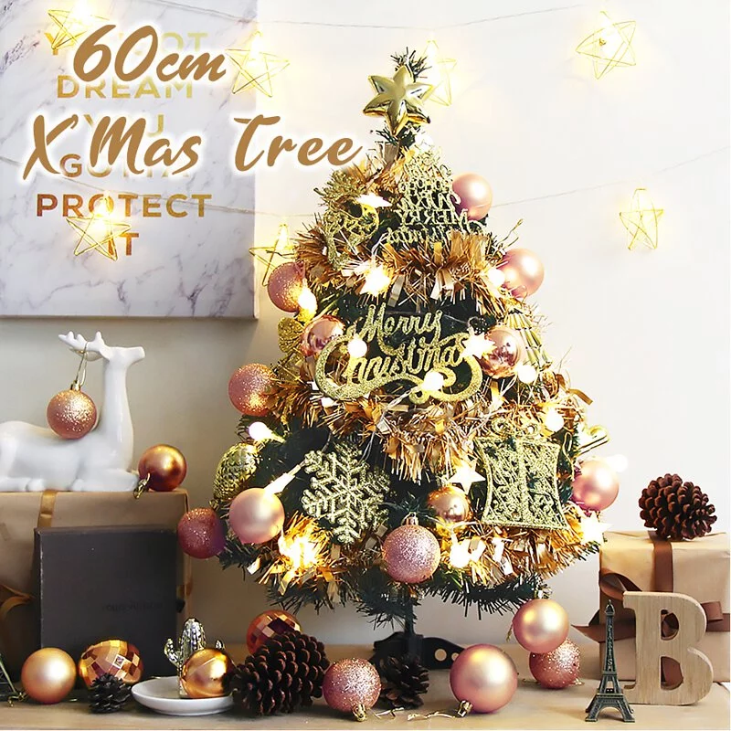 TROMSO - 2021風格旅程桌上型聖誕樹/含豐盛耶誕掛飾及附LED省電造型燈串-奢華玫瑰金 (總長約60cmx樹圍直徑約30cm)-總重量約600g