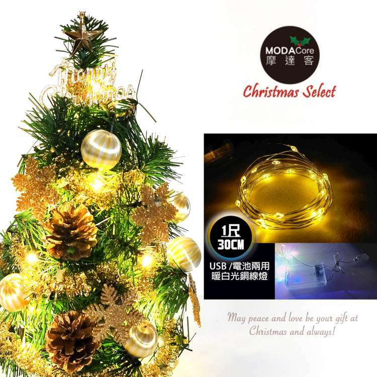 MODACore 摩達客 - 摩達客耶誕_台製迷你1尺(30cm)裝飾聖誕樹(糖果球金雪花系)+LED20燈銅線燈(暖白光/USB電池兩用充電)(本島免運費)