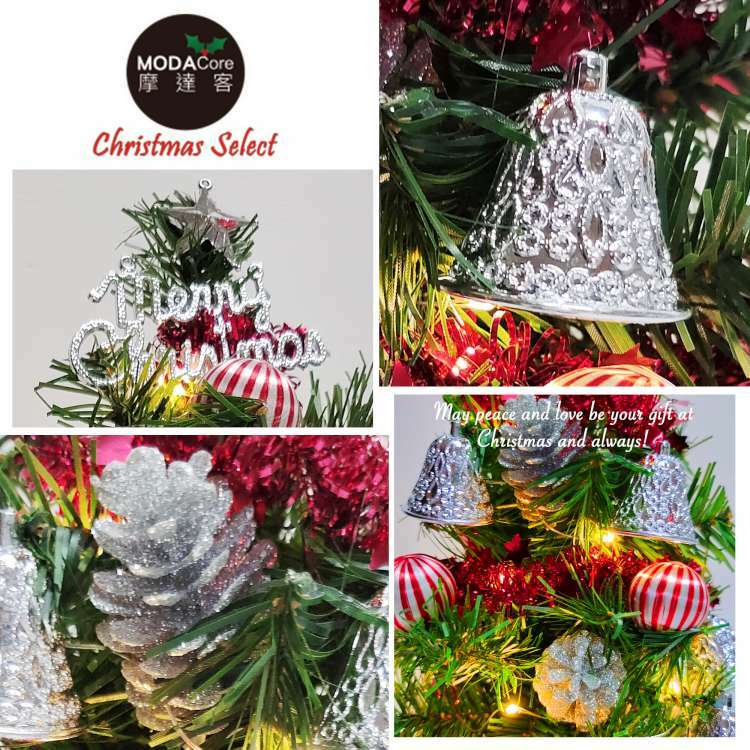 MODACore 摩達客 - 耶誕-台製迷你1尺/1呎(30cm)裝飾聖誕樹(銀鐘糖果球系)+LED20燈銅線燈(暖白光/USB電池兩用充電)