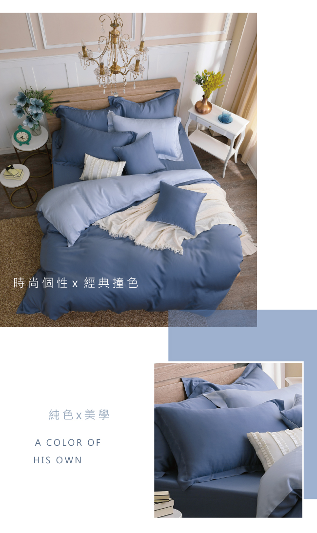 鴻宇 HongYew - 雙人加大床包枕套組/ 天絲300織 / 素色 天絲 萊賽爾-波納藍