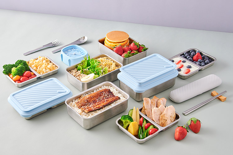 LiFE RiCH - Double Box 可微波304不鏽鋼便當盒/分隔盤/100%白金矽膠專利伸縮上蓋-奶茶裸-801-1000ml