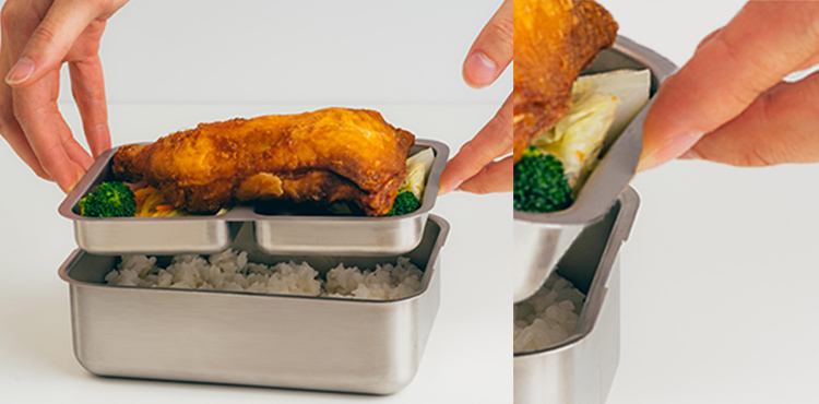 LiFE RiCH - Double Box 可微波304不鏽鋼便當盒/分隔盤/100%白金矽膠專利伸縮上蓋-奶茶裸-801-1000ml