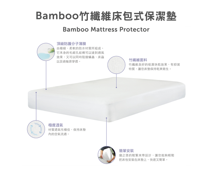 美國寢之堡 - 竹纖維床包式保潔墊-特大 (6x7尺 (床墊厚度45公分以內適用))-182x210x45cm