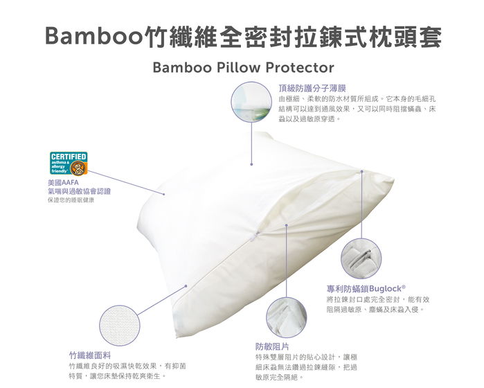 美國寢之堡 - 竹纖維全密封枕套-枕頭保潔墊 (全密封拉鍊式50x75cm以內適用)-50x75cm(2入)