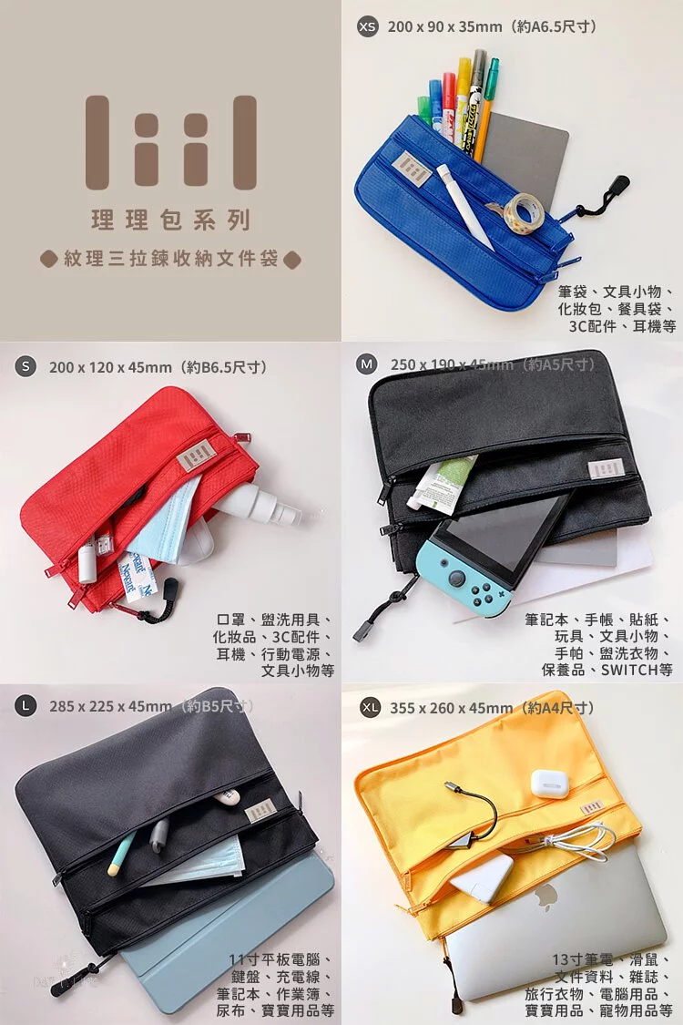理理 liil - 紋理三拉鍊收納文件袋/筆袋-風鈴藍 (XS-200x90x40mm)
