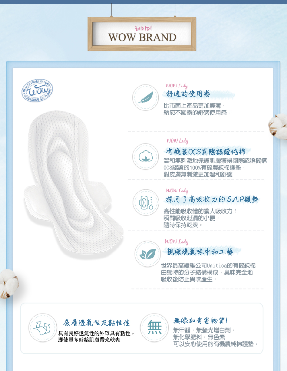 韓國東星 DONGSUNG - WOW LADY純棉吸水棉-(經期衛生棉/漏尿) 20片 (28cm)-60ml