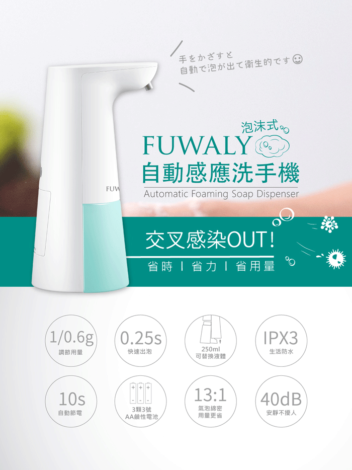 日本 Fuwaly - 微笑泡泡給皂機/自動感應洗手機-藍色
