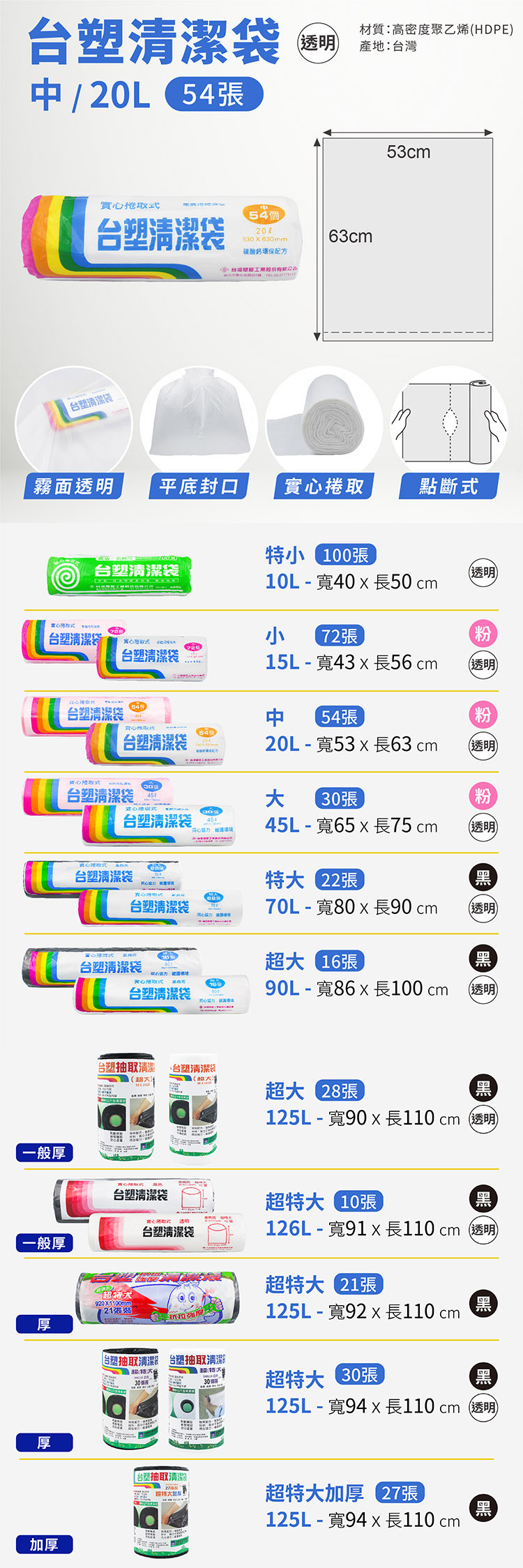 台塑 - 實心 清潔袋 垃圾袋 (中) (透明) (20L) (53*63cm) (30捲)