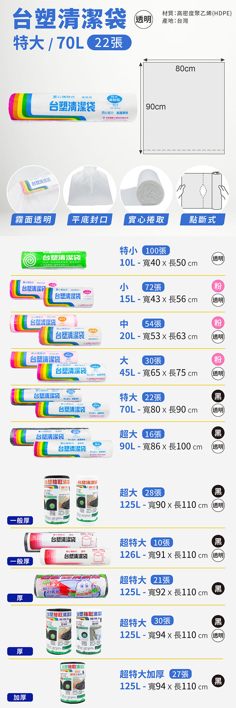 台塑 - 實心 清潔袋 垃圾袋 (特大) (透明) (70L) (80*90cm) (15捲)