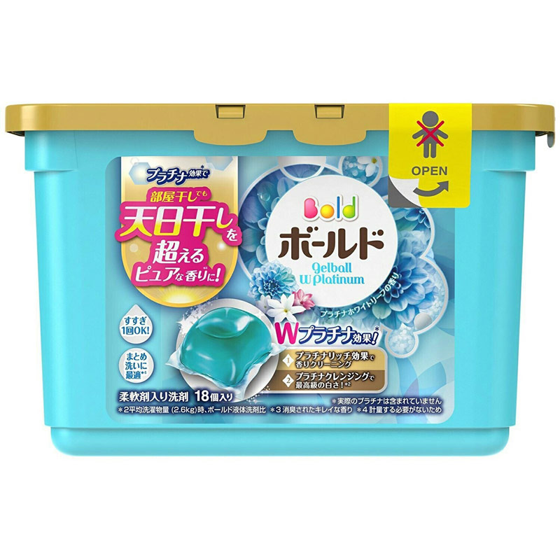 日本 P&G - 洗衣膠球-淺藍鉑金白葉+柔軟精-18顆入/盒