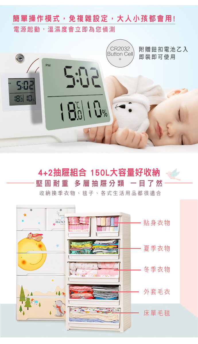 家窩 - 薇樂溫濕感測收納櫃(DIY組裝)-動物派對-單層30L*5層