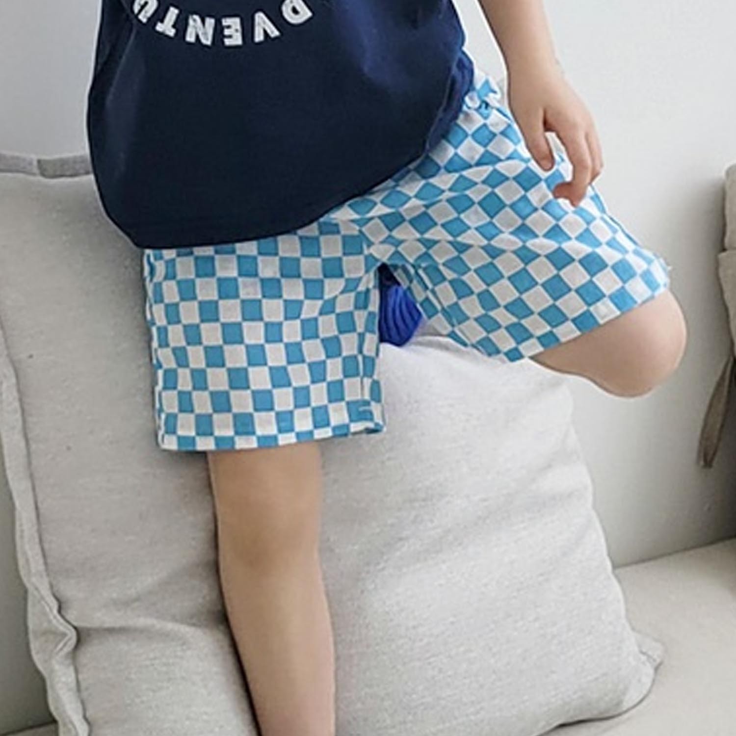 鬆緊腰棋盤格子短褲-天藍 (5號[90-95cm])