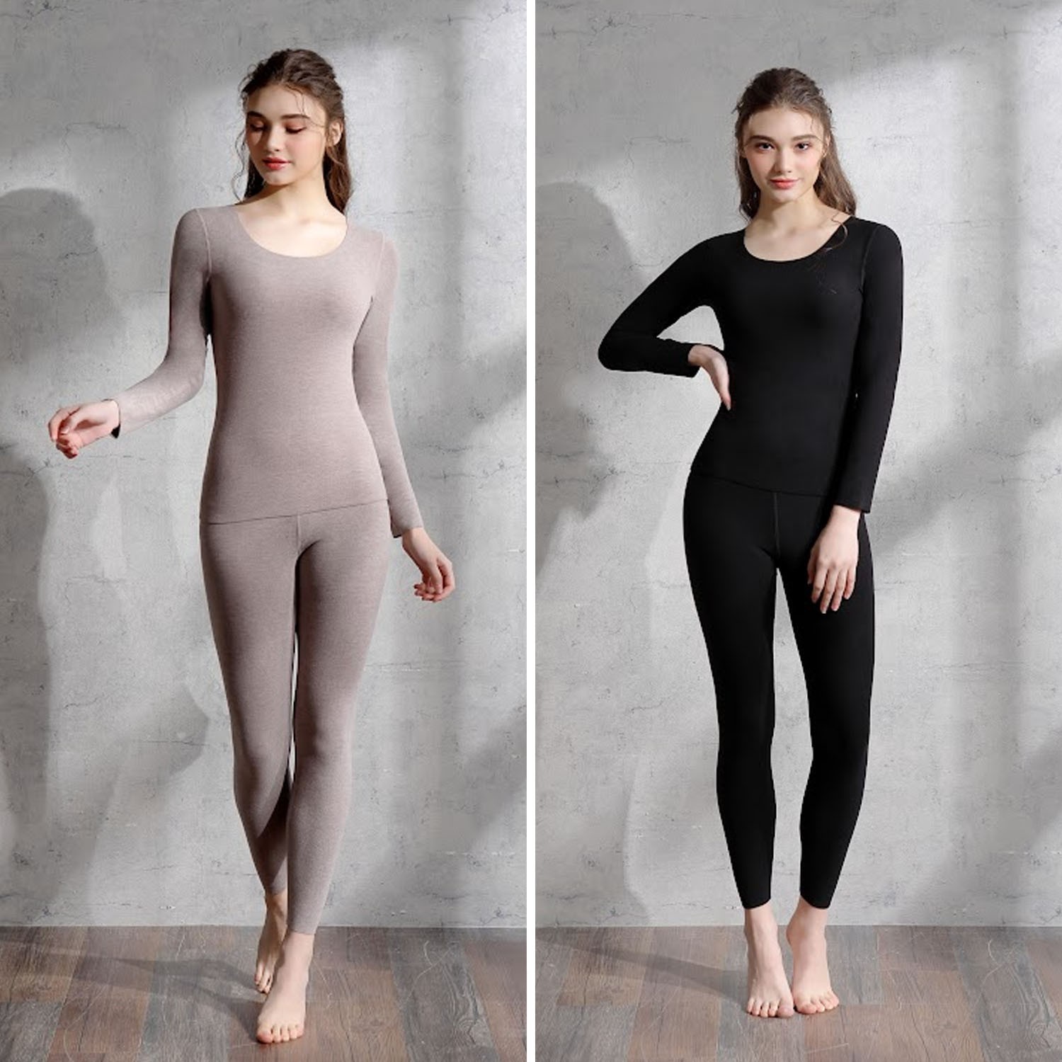 極細德絨無縫製保暖美體衣-2件組-保暖衣-黑/可可 (M)-保暖衣x2套