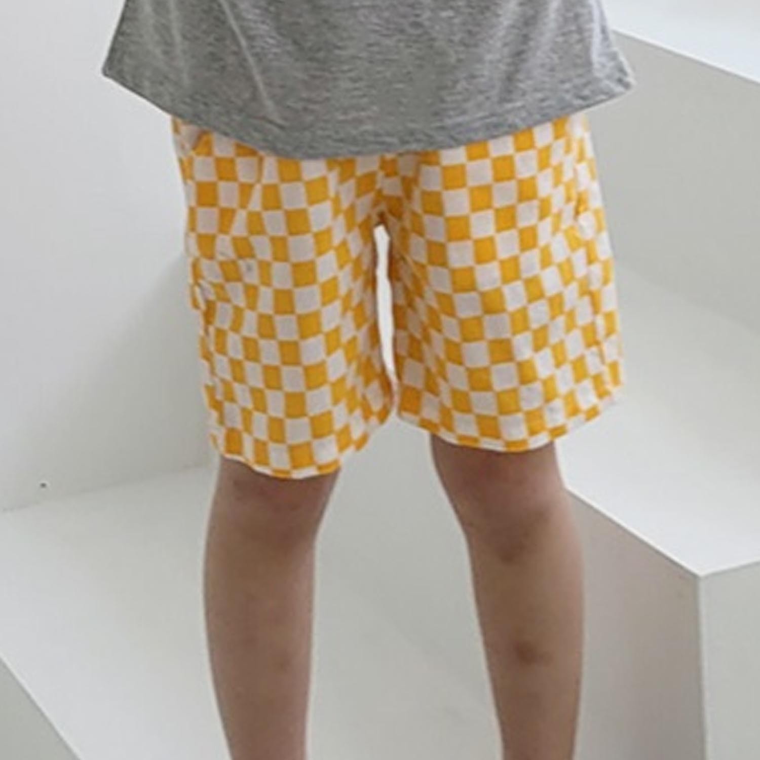鬆緊腰棋盤格子短褲-黃 (5號[90-95cm])