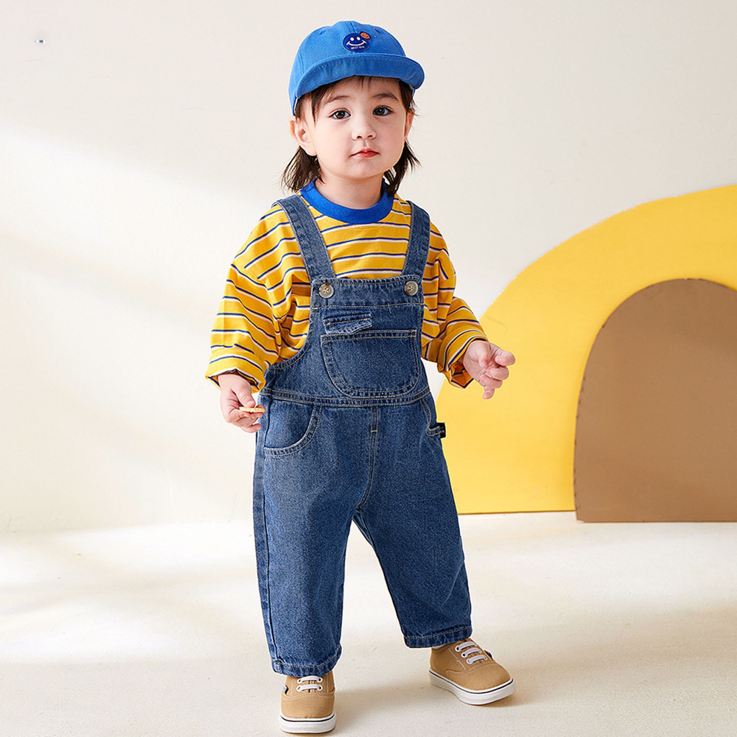 牛仔吊帶褲-翻翻口袋款-藍色 (90cm)