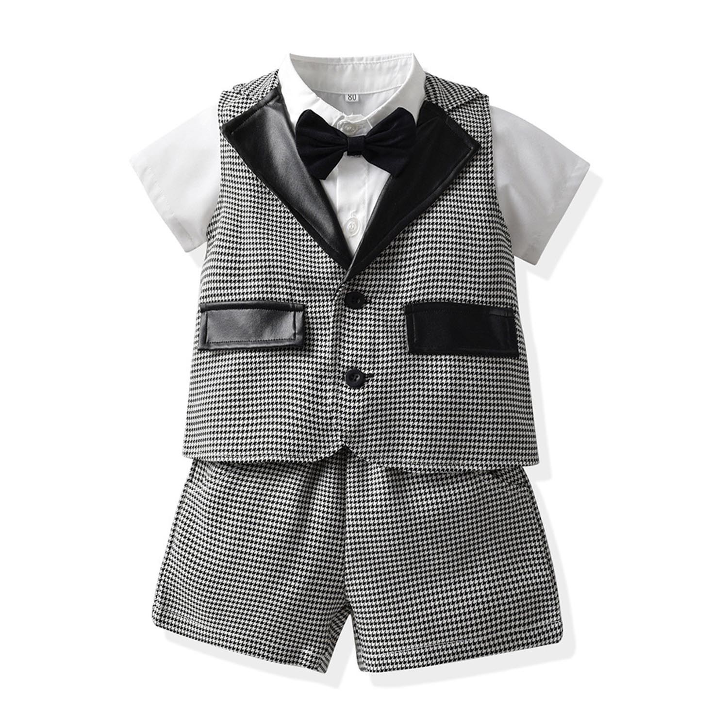 小紳士皮革馬甲吊帶套裝-格紋馬甲(無背帶款)-淺灰色 (90cm)