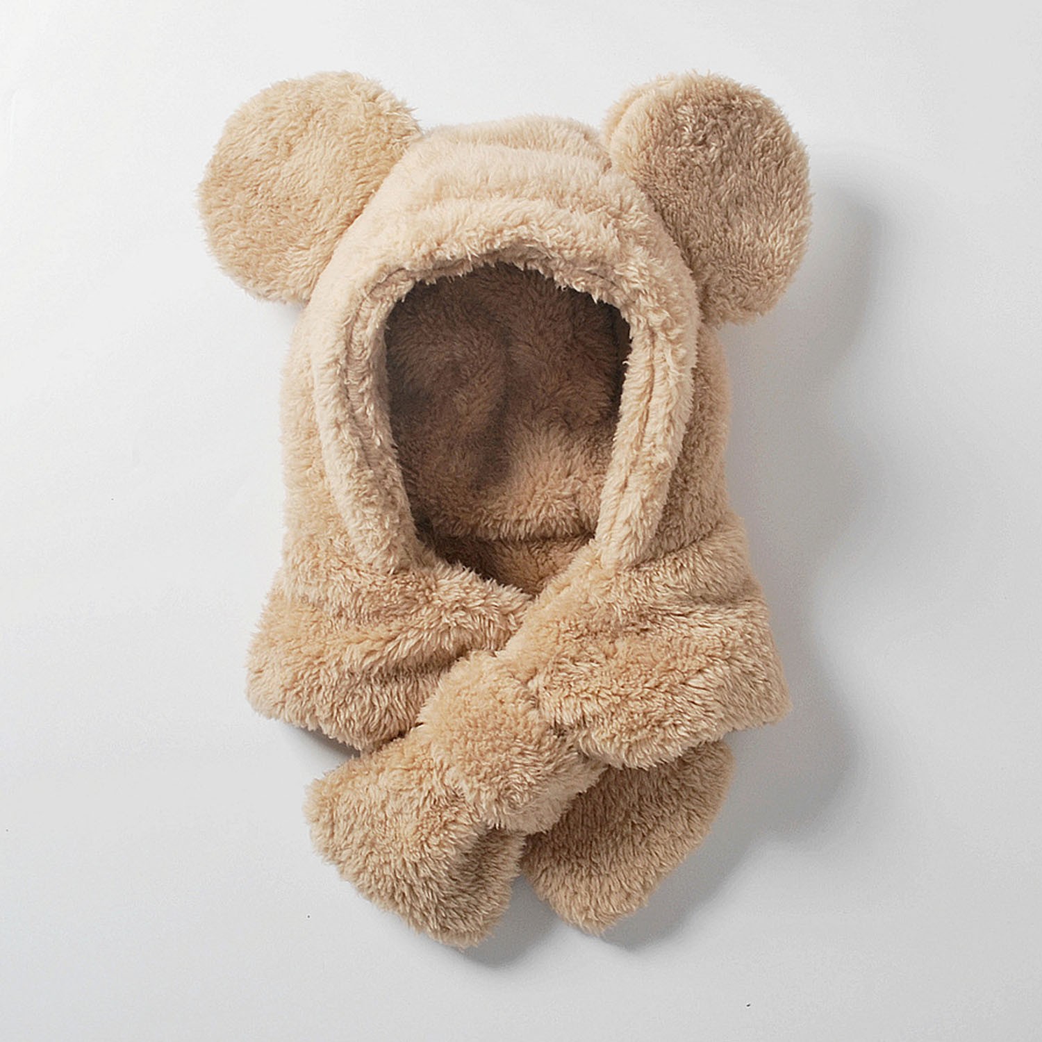 毛絨絨圍脖一體帽-小熊耳朵-淺咖啡色 (M(約3歲到8歲))