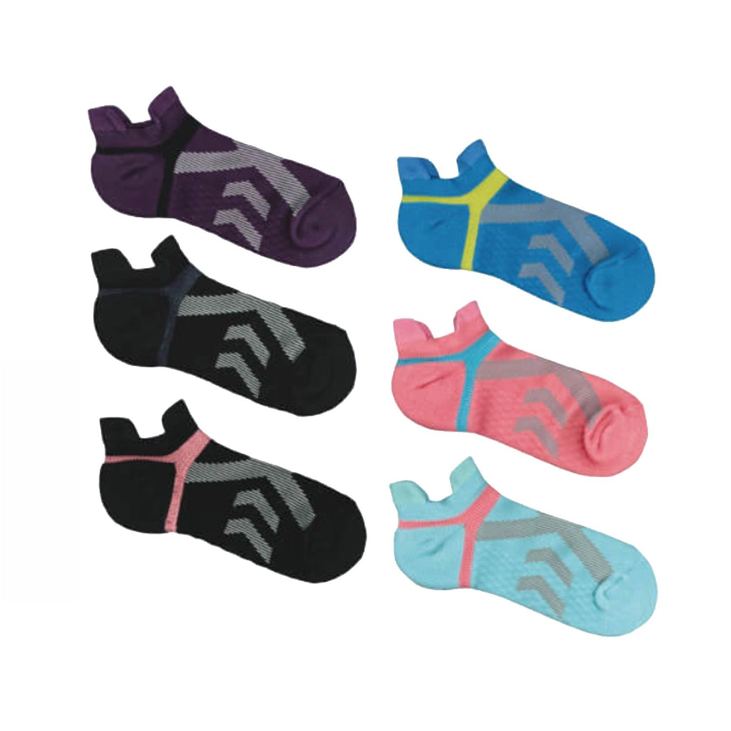 貝柔足弓交叉加壓防磨氣墊船襪(M)6入組-6色各1雙(天藍/黑灰/湖綠/粉紅/黑粉/深紫)-隨機色 (22-25cm)