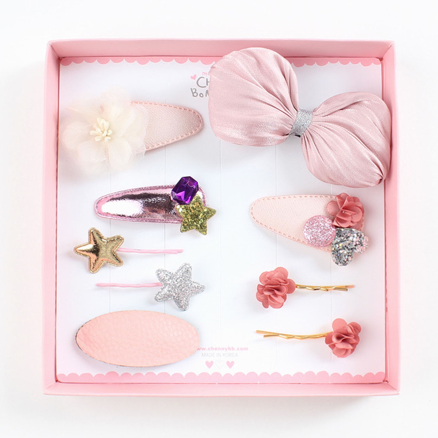 精美髮飾組(禮盒)-緞面蝴蝶結與小花-粉紅