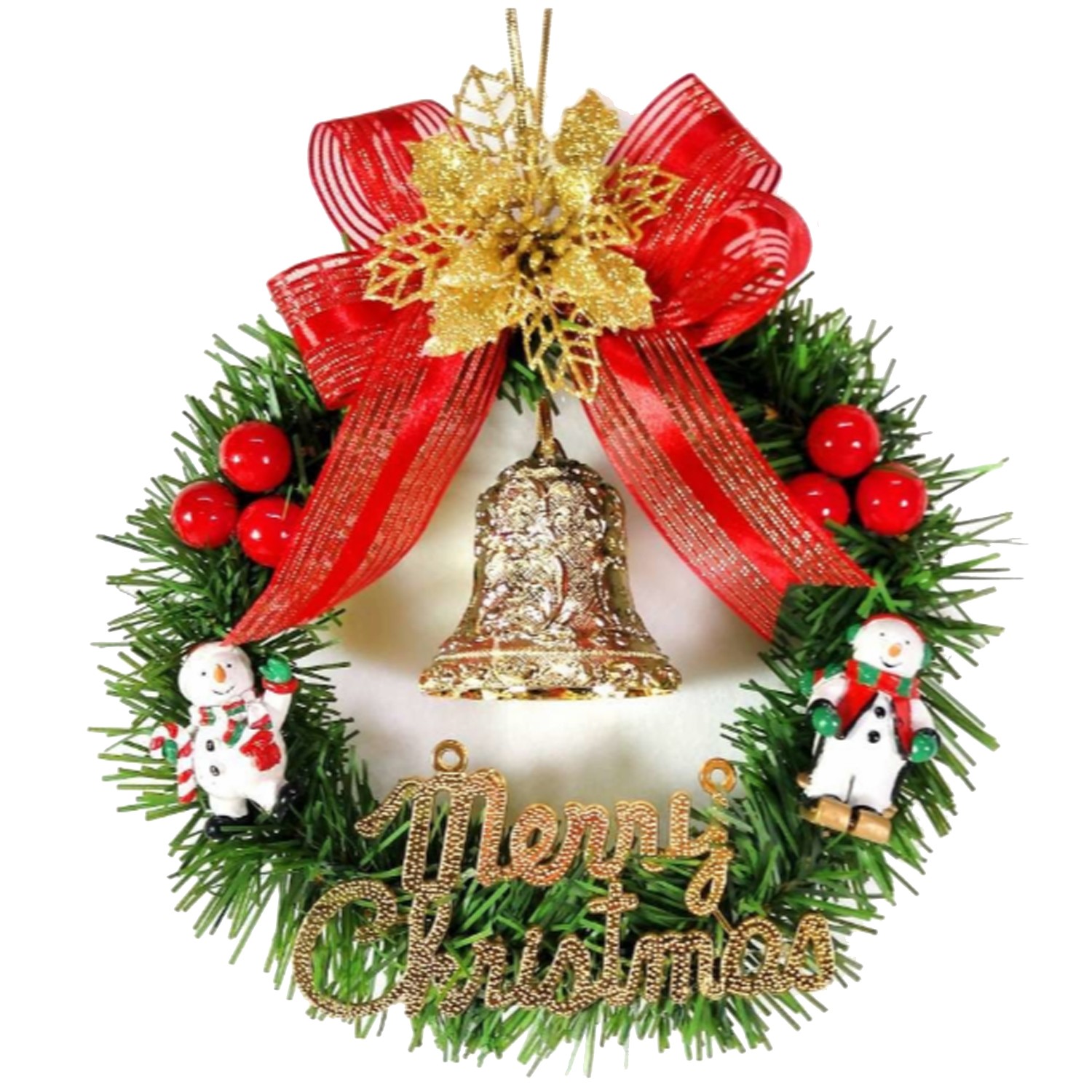 10吋可愛綠色聖誕花圈(台灣手工組裝)-小雪人花鐘款 (10吋(約25cm))