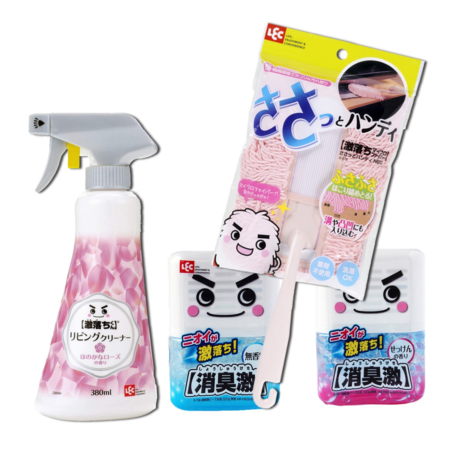 客廳亮晶晶組-香氛客廳380ml+消臭激無香320g+消臭激微香320g+超極細長纖除塵清潔刷