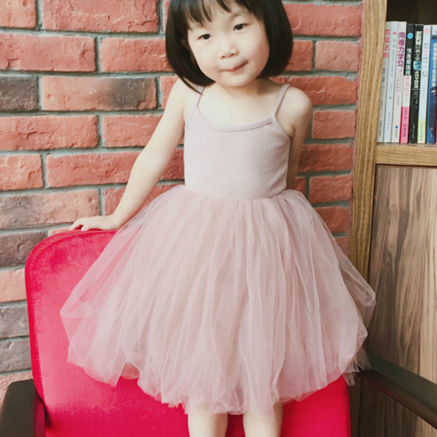 公主細肩帶連身紗裙-豆沙粉 (90cm)
