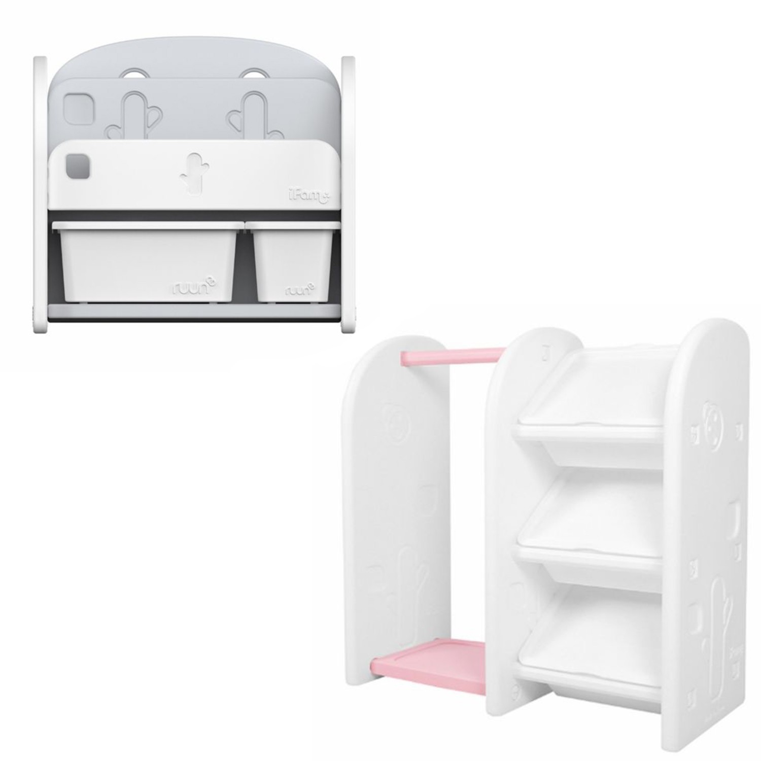 兒童傢俱組-白色書架收納組(2個收納盒)+兒童衣物收納櫃(粉紅白)