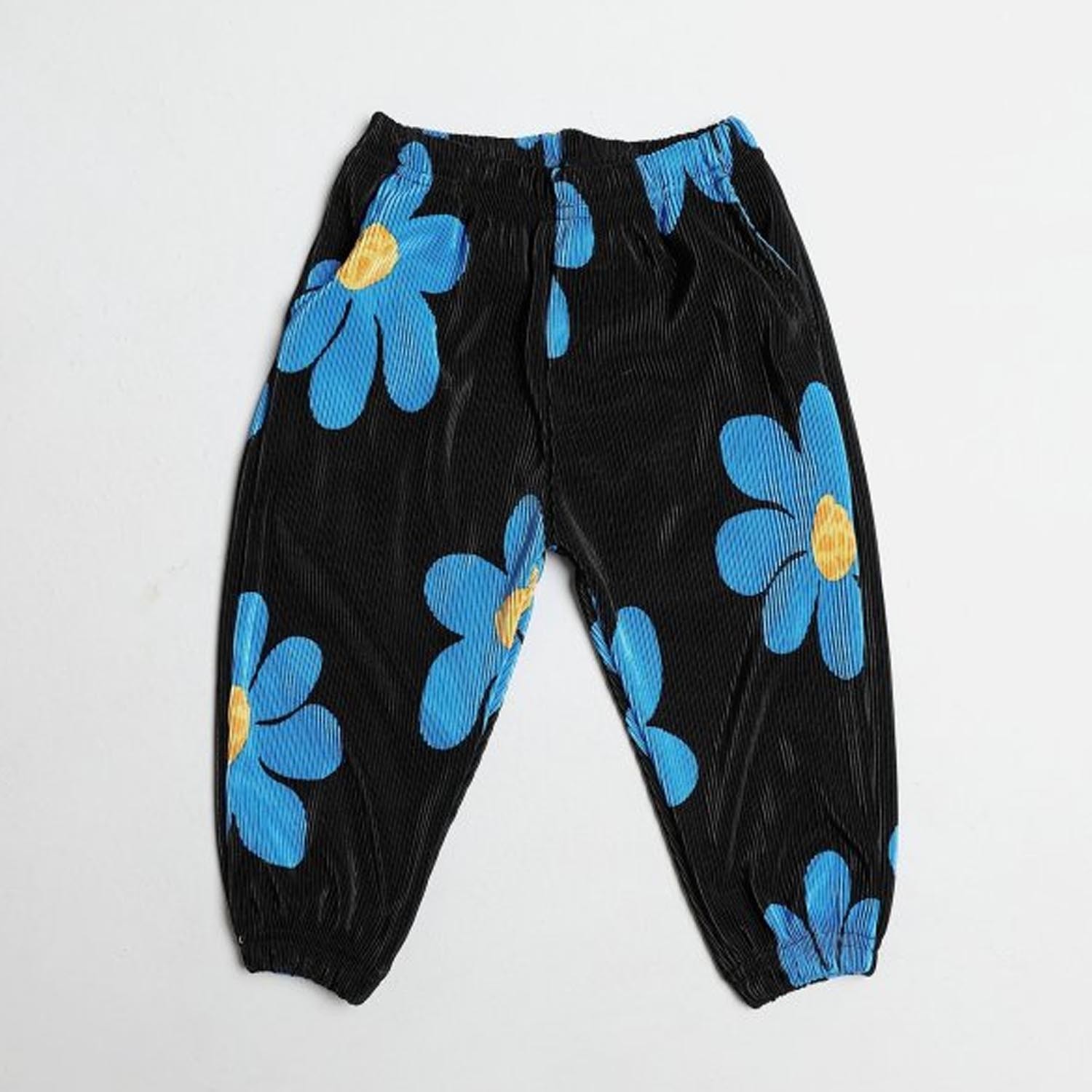 鬆緊腰大花朵皺摺縮口褲-藍花 (5[~93cm])