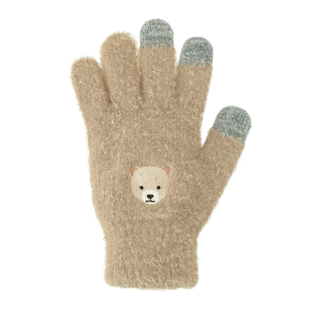 (大人)可觸控可愛動物毛絨保暖手套-小熊-淺褐